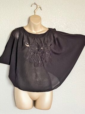 Vintage-Style Do & Be Sheer Mesh Black Batwing Top Floral Chest Embroidery Sz M